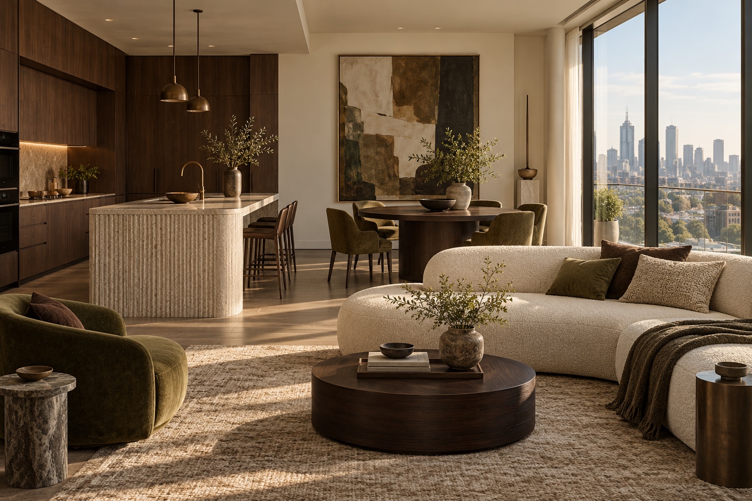 City apartment concept with walnut joinery, sculptural seating and a stone kitchen island