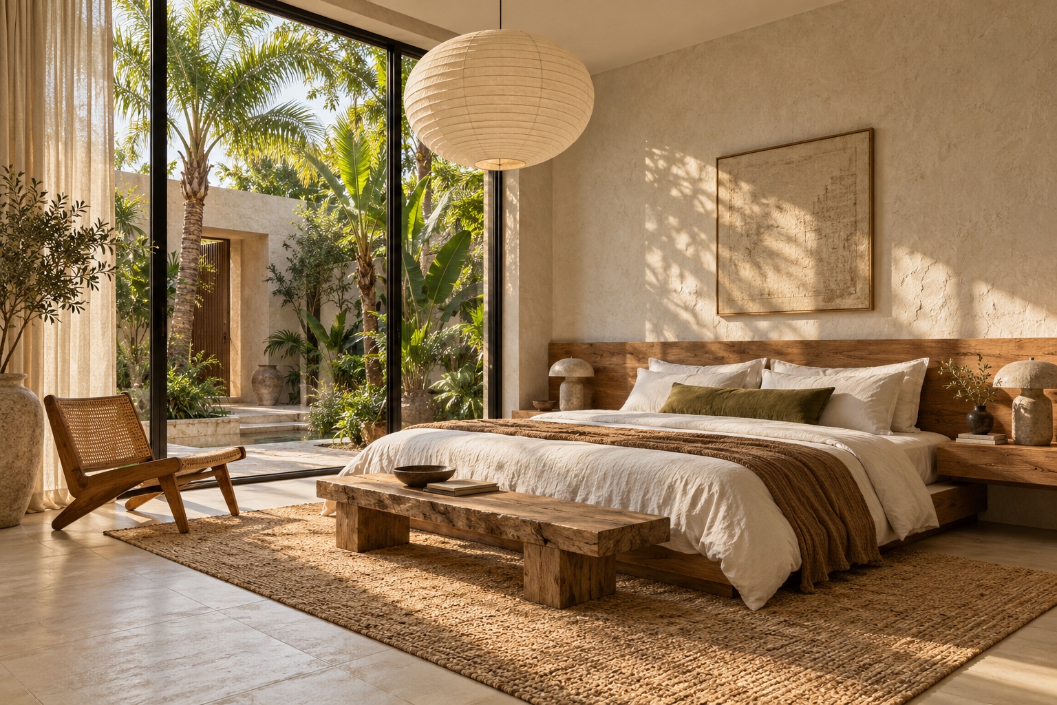Guest bedroom concept with layered linen, oak detailing and a private tropical courtyard
